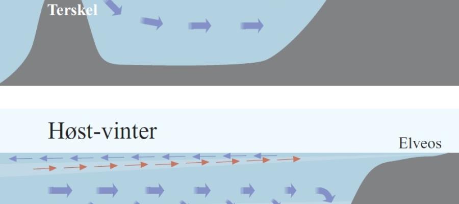 Strømningsmønsteret vår–sommer og høst– vinter i en fjord med en veldefinert terskel