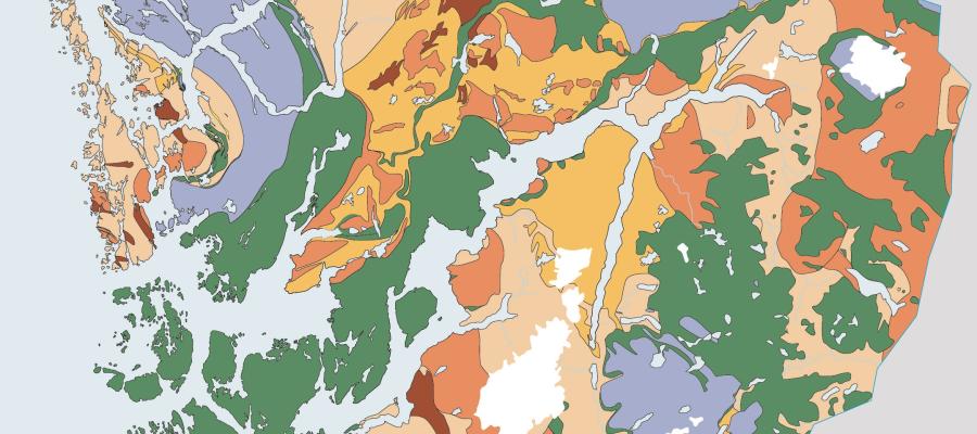 Kart over grunnfjellets bergartsenheter i Hordaland.