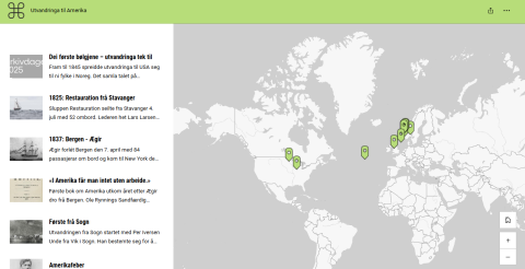 skjermbilde frå storymaps: Amerikareisa. Kart og artiklar