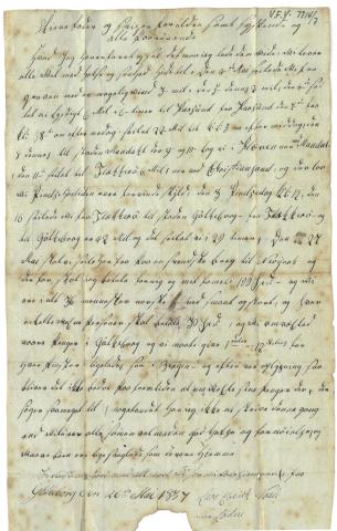 Det eldste kjende amerikabrevet skrive av ein vossing. Brevet er datert Gøteborg 26. mai 1837. Her kallar brevskrivaren seg Lars Waale eller Lødve; i seinare brev og i USA kalla han seg Lodve. (Voss folkemuseum)