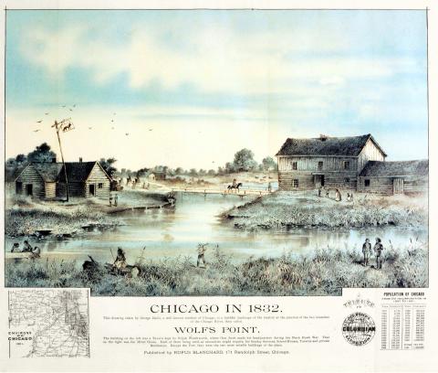 Slik såg teiknaren George Davis føre seg at Chicago såg ut i 1832, fire år før dei fyrste vossingane kom dit. Teikninga er frå 1892. (Wikipedia)