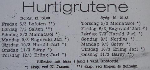 «Hurtigrutene», anløp i Florø, i veka 6. mars – 12. mars 1964. På nordgåande har «Lofoten» anløp fredag, kl. 06.00. Ekspedert ved: Hopen & Solheim. (Firda Folkeblad, 05.03.1964). Det var MS «Lofoten» sitt aller første anløp i Florø.