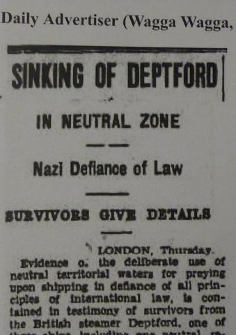 Norsk og utanlandsk presse melde straks om torpederinga av «Deptford». Her utsnitt av oppslag i den australske avisa Daily Advertiser, Wagga Wagga, 30.12.1939: Senking av Deptford - i nøytral sone - nazi neglisjering av lov – overlevande fortel