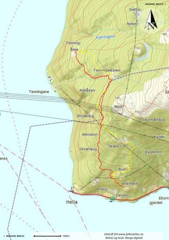 Den raude streken er mest sannsynleg den ruta folk tidlegare gjekk mellom Tenningåsen og Eitorn. Ein alternativ trasè er
markert med gult, og går om stølen Skare.