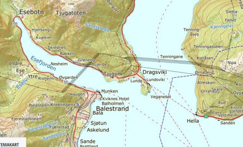 Kartet viser krafleidnings-spenn over Esefjorden og Fjærlandsfjorden (høgre).