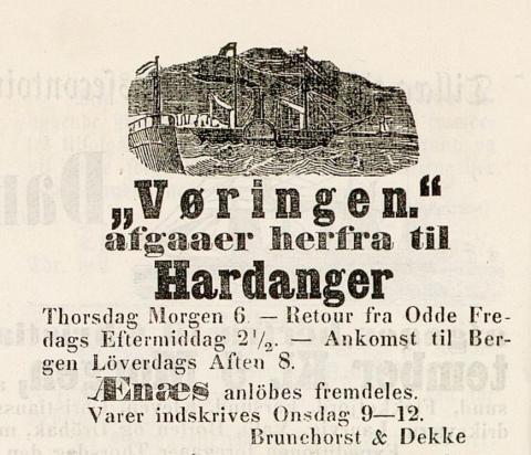 «Vøringen» bygd 1861. Annonse i Bergens Adressecontoirs Efterretninger, 16.09.1863 om tur Bergen – Hardanger – Bergen.