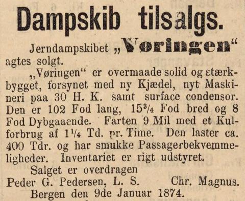 DS «Vøringen», bygd 1861. Annonse i Bergens Adresscontoirs Efterretninger. 12.01.1874, om at «Vøringen» er til salgs.