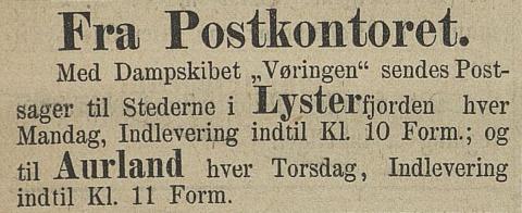 Annonse i Bergens Tidende (BT), 26.11.1873 om postgang frå Bergen til Indre Sogn.
Datering: 26.11.1873