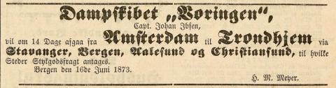 Den norske Nordhavs-ekspedisjonen 1876-1878, brukte innleigde DS «Vøringen», bygd 1872, som ekspedisjonsskip. Elles gjekk «Vøringen» i trampfart på europeiske hamner. Bergens Adressecontoirs Efterretninger 22.06.1873.