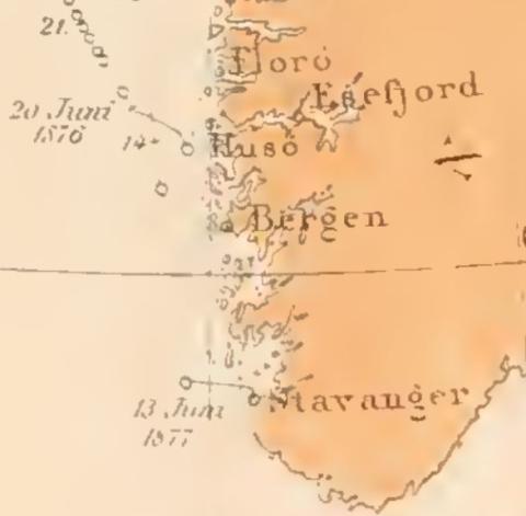 Utsnitt av kart over området Den norske Nordhavs-ekspedisjonen 1876-1878. utforska. Ekspedisjonen oppheldt seg i Sognefjorden/Husøy i Solund i tre veker, frå 1. juni 1876 til 20. juni. Ekspedisjonen var også innom Husøy sommaren 1877.