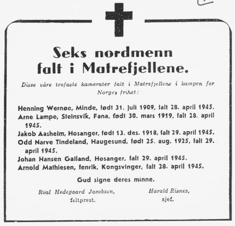 "Seks nordmenn falt i Matrefjellene." Illustrasjon i boka <i>Krigsår. Liv og lagnader i Sogn og Fjordane 1940-1945.</i>