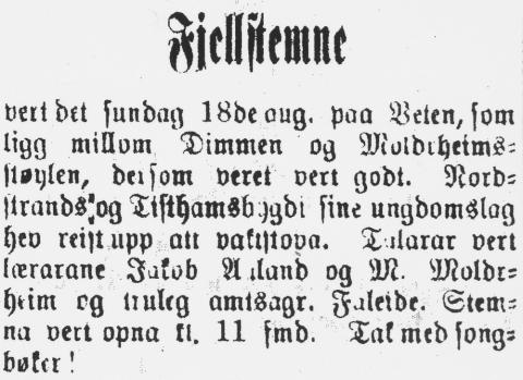 Annonse i Fjordenes Blad om stemne på "Veten (..) mellom Dimmen og Moldreheimsstøylen", søndag 18. august 1912.