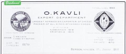 Brevhovud til firmaet O. Kavli i Bergen i 1920, "export department".  Kavli kjøpte ost frå Sogn og Fjordane, mellom anna frå ysteriet i Årevika.