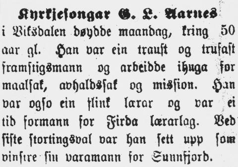 Gjert Aarnes døydde 17. oktober 1910. Notis i Fjordenes Blad om dødsfallet.