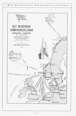 Side 4 i ruteheftet: "57 moderne turist-, post-, passager-, og fragtdampere. Ruter paa ind- og utland." Bergenske byrja islandsruta i 1908.