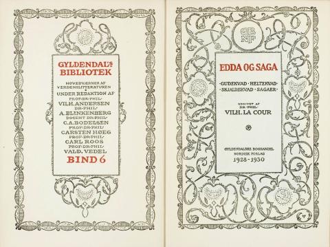 Faksimile av tittelblad. Skaldekvad blir rekna med som ein del av hovudverka i verdslitteraturen. Egil Skallagrimsson sitt kvad <i>Sonetapet</i> er med i denne samlinga frå slutten av 1920-talet.