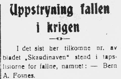 Overskrift på stykke i Fjordenes blad, 30.11.1918. Bernt A. Fosnes var ein av dei falne amerikanarane i 1. verdskrigen.