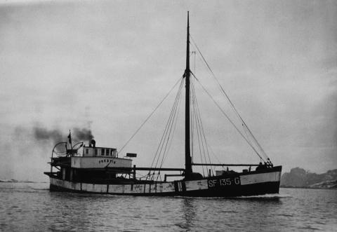 Frakteskuta MS «Fresvik», bygd 1919/1920 for full fart med last. Båten er merka med nasjons-fargar på skansekledningen, så biletet må ha vorte teke under verdskrigen 1940-1945. Båten er og merka med registreringsmerket SF – 35 – G som står for Sogn og Fjordane (…) Gulen kommune.