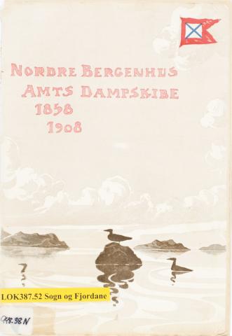 Framsida på den første historiepublikasjonen til FSF, jubileumsheftet<i>Nordre bergenhus Amts Dampskibe 1858-1908</i>. Heftet er på 40 sider og rikt illustrert.