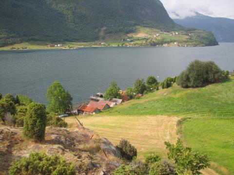 Naglatun med naustrekkje sør på Nornes. Norafjorden og Fimreite i bakgrunnen. På Sverdavollen (til høgre) ligg det ei stor steinrøys, og her står minnesteinen om Fimreiteslaget (bak trerunnen).