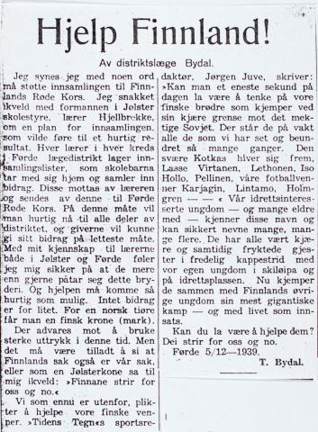 Oppmoding frå distriktslege Trygve Bydal om å hjelpa Finland, datert 5. desember 1939. Firda