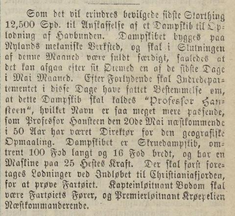 Notis i Morgenbladet, Kristiania, 11. april 1867, om føreståande overlevering av «et Dampskib til Oplodning af Havbunden», segldampskipet SDS «Hansteen».