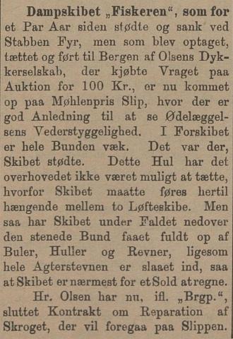 Notis i Norges Sjøfartstidende, 13.06.1893, om at DS «Fiskeren» er komen til skipsverft i Bergen for reparasjon.