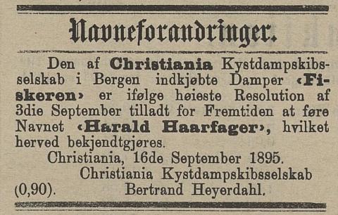 Kunngjering om namneforandring, frå «Fiskeren» til «Harald Haarfager» i Norsk Kundgjørelsestidende, 18.09.1895.