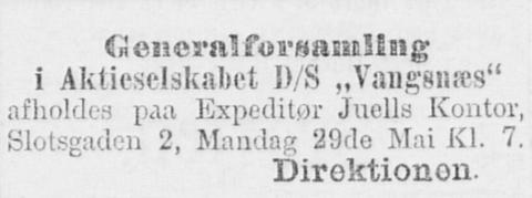 Dampskipet «Vangsnæs». Annonse i BT om generalforsamling, 29. mai 1905.