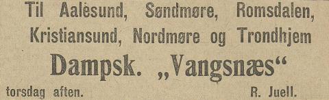 Dampskipet «Vangsnæs». Annonse i BT, 15.08.1917, om Bergen – Møre og Romsdal – Trondheim.