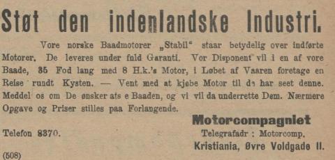 Annonse 1904 frå Motorcompagniet, Kristiania, for den norskproduserte båtmotoren Stabil. (Norsk Sjøfartstidende, 26.04.1904.)