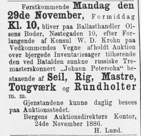 Forlis skonnert «Johann Peterscha» ved Litle Batalden, 04.11.1886. Annonse i Bergens Tidende, 24.11.1886, om auksjon over vrakgods, «Inventariesager».