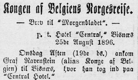 Innleiinga på brev, signert «B.L.», i Morgenbladet, 01.09.1896, Kristiania. Brevet handlar om kongebesøk i Stryn, HM Leopold II av Belgia.