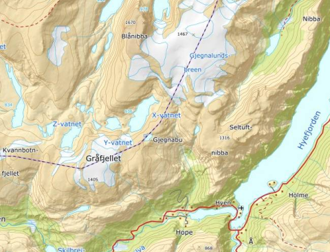 Kartutsnitt: Dei tre vatna X-vatnet, Y-vatnet og Z-vatnet, Gjegnabu, Blånibba (Gjegnen) og Gjegnalundsbreen.