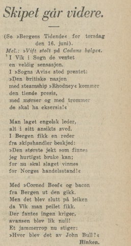 Om hendinga på vers signert Hinken,  i BT 18.06.1932.