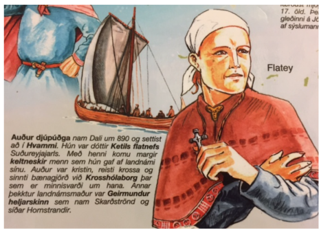 Utsnitt av ein utstillingsplakat med tekst og portrett til innslag om Aud den djuptenkte, publisert på nettstaden Follow the Vikings.