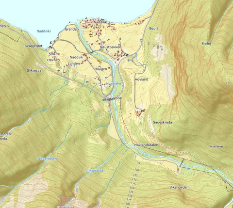 Kartutsnitt av Biskafossen i Natvik, Årdal kommune.