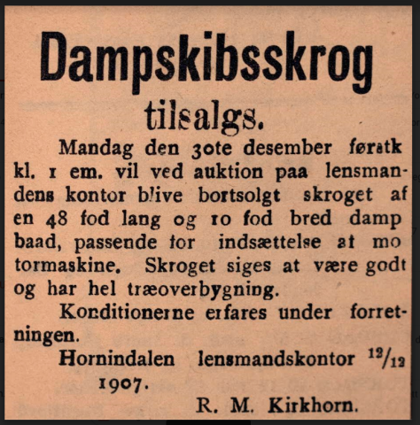 Kunngjering om auksjon over «Dampskibsskrog», det vil seia det som er att av dampbåten «Fram», tidlegare «Duen».