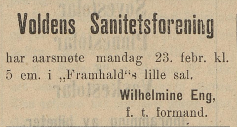 Volda sanitetslag – årsmøte i Voldens Sanitetsforening, 23. februar 1914, kunngjering i avisa Framstig, 20.02.1914