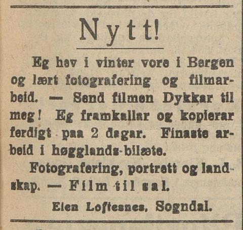 Annonse frå avisa Sogns Tidend. Loftesnes annonserte ofte, særskilt på 1930-talet. Dette er den første, som stod i avisa innan ein månad frå ho kom att frå læretida i Bergen.