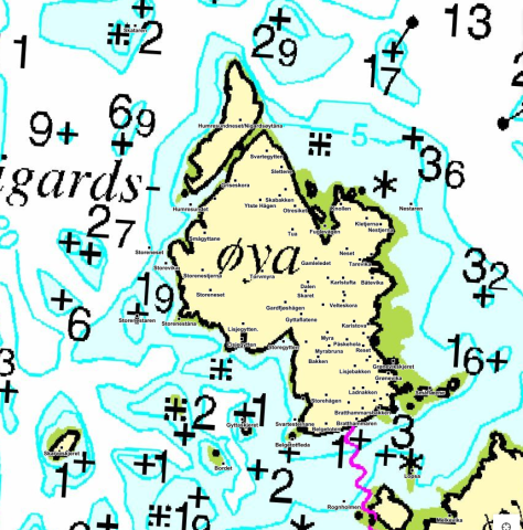 Kartutsnitt frå Fylkesatlas Vestland. Kartbakgrunnen er sjøkart raster med temalaget stadnamn. Heilt i nordvest ser ein Skataren der dei to fiskarbøndene drukna 13.12.1880.