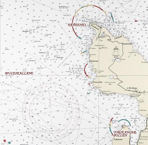 Kart som viser Torskangerpollen, Muleskallane og Kråkenes. Det tyske flyet styrta i havet eit godt stykke vest for Muleskallane.