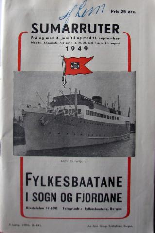 MS «Sunnfjord» på framsida av Fylkesbaatane sitt rutehefte 1949.