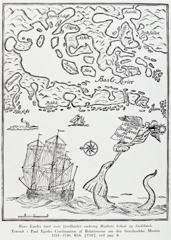 <p>&rdquo;Hans Egedes kart over fjordlandet omkring Haabets Coloni og Gothaab&rdquo;, trykt i K&oslash;benhavn 1741. Namnet &rdquo;Haabets Colonie&rdquo; st&aring;r p&aring; ei &oslash;y heilt til h&oslash;gre midt p&aring;.</p>