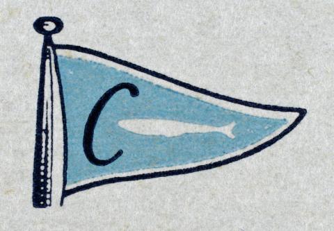 <p>AS Clupea sin logo. Mogleg tolking: Sild i bl&aring;tt hav inn i "Clupea" flytande sildoljefabrikk.</p>