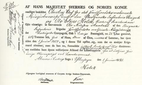 Dimmisjonssetel frå Ole Elias Holck frå 1831. 
