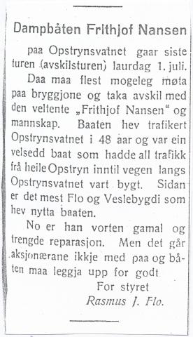 <p>Notis i <em>Fjordingen</em>, 28.06.1939, om siste tur.</p>