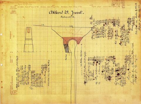 Dette er ei arbeidsteikning av Jøl bru utarbeidd i 1882, som viser at Jøl bru er bygd under akkord 29, kalla Juvet. Denne akkorden var igjen inndelt i tre, noko som var heilt uvanleg. Ole Moen var arbeidsformann på anlegget. Akkord 29 a er ein ca. 5 m høg mur nede i gjelet som utgjer foten på kvelvingsbrua over. Denne muren står på austsida av elva, og kosta kr 1156,05. Akkord 29 b er den ca. 4,5 m høge kvelvingsbrumuren, 43 m lang, og den dyraste av delakkordane med kr 3519,32. Denne akkorden er fa...