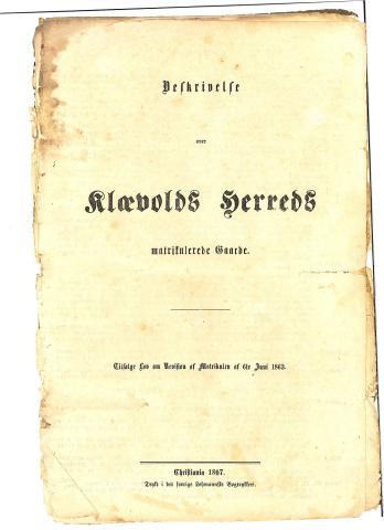 Trykt ”beskrivelse” av matrikulerte gardar i Klævold (1867).