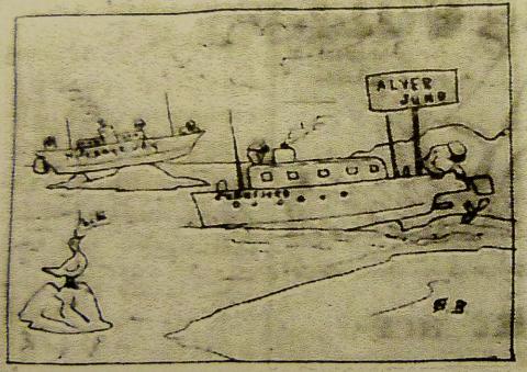 MS «Sunnfjord» tok borti land på veg nordover i Alværstraumen 10. mai 1949. Ein teiknar gjorde litt ap med at moderne sjøbussar såg ut til å ha vanskar med å navigera gjennom Straumane. Ein fuglefigur sit på eit skjer og seier "ha-ha!"